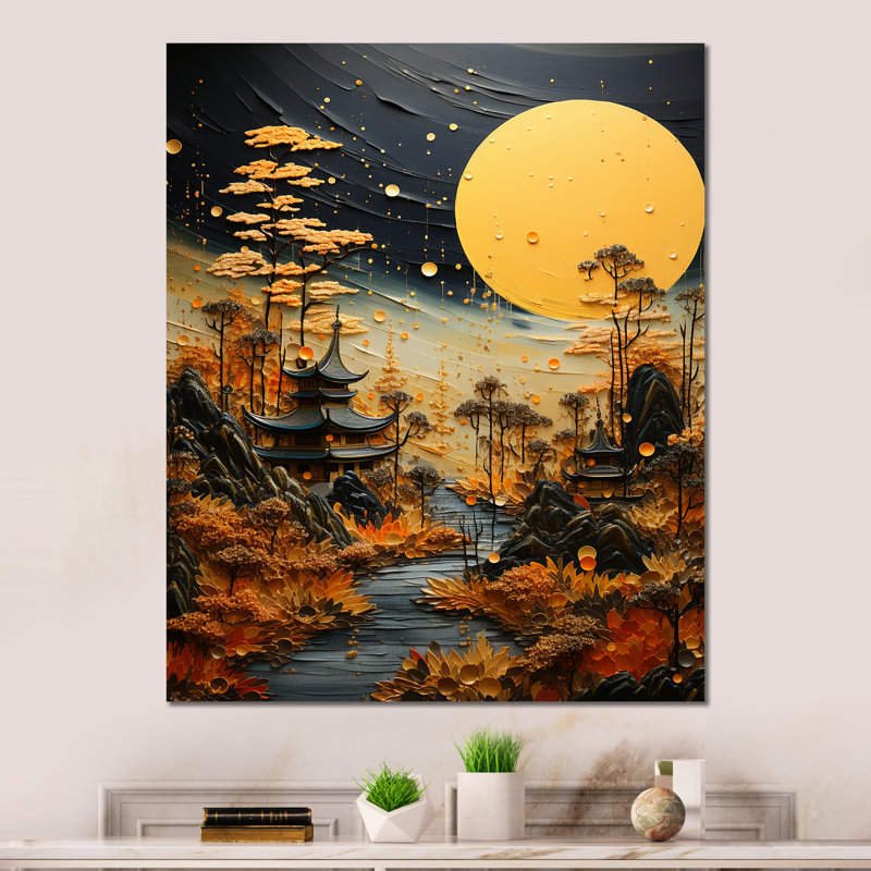 «Golden Japon Zen Garden Moonlight I» sur métal, H 32 po x l 16 po x P 1 po