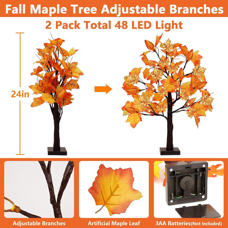 2 Pack 24 Inch Prelit Fall Maple Tree Thanksgiving Decorations With 48 LED Lights