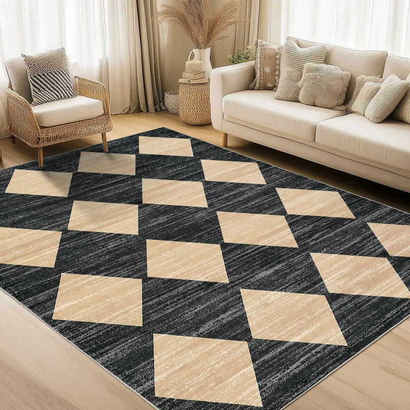 Washable Rug Modern Checkered Rugs Lattice Distressed Minimalist Aesthetic Rugs for Bedroom Laundry Farmhouse, Brown