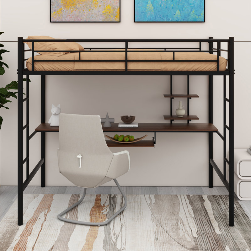 Lit mezzanine avec bureau, tablette et plateau à clavier simple, lit superposé avec 2 tablettes et un bureau pour économiser de l'espace