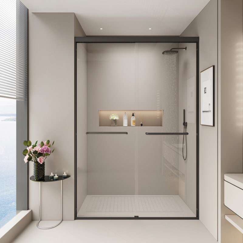 Double porte de douche coulissante, porte de salle de bain semi-sans cadre avec verre trempé de 1/4 po (6 mm) pour douche à l'italienne