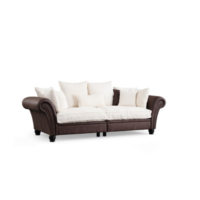 3-Seat Sofa with 10 Pillows, Brown & White, 108.3 x 43.3 x 29.9 Inches | Beech Wood & Chipboard Frame, 100% Polyester Fabric | Soft Grey Foam & Silicone Back Cushion | Stylish Comfort for Living Room & Lounge