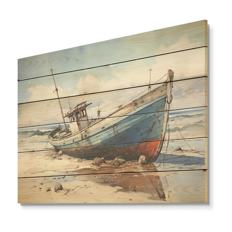 Bateau de pêche à la plage - Bateau côtier, art mural sur bois de pin naturel, H 30 po x l 40 po