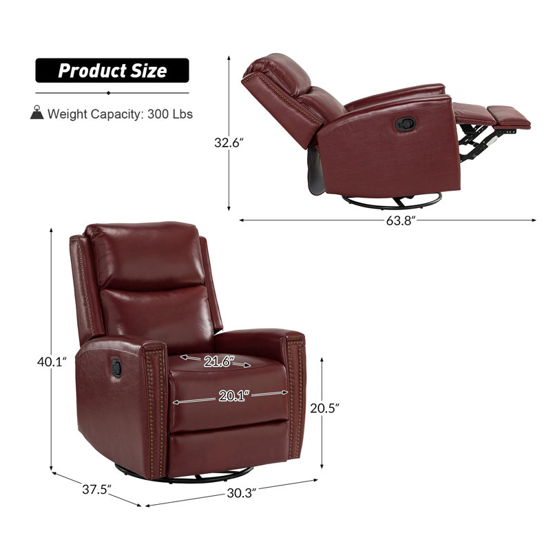 Fauteuil inclinable manuel pivotant en cuir véritable Chikako, Cuir véritable bourgogne
