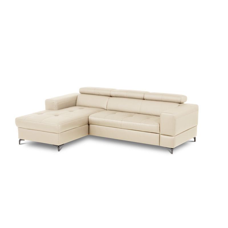 Tinos Genuine Leather Corner Sofa with Pull Out Bed with Storage and Adjustable Headrests, Beige, Left Hand Facing