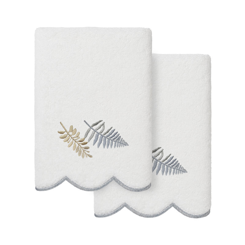  Ensemble de serviettes 100% coton festonné 100% coton FERN Toss, Blanc/vert, Ensemble de 2 essuie-mains