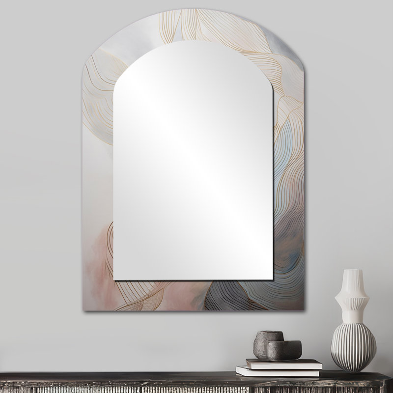 Or et gris Line Art In Motion II - grand miroir mural arqué sur métal, 34 po x 25 po