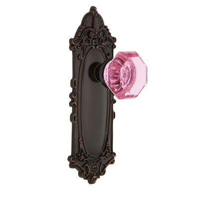 Bouton de porte d’intimité en cristal rose avec plaque longue victorian Waldorf