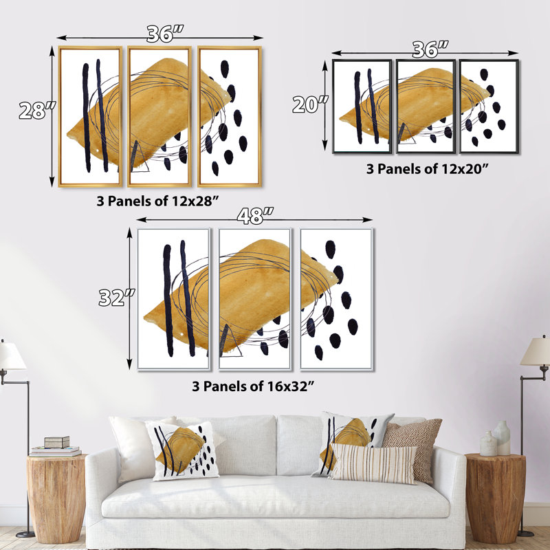 Abstrait géométrique en brun avec pois noirs - ensemble d'art moderne sur toile encadrée moderne de 3, Cadre brun