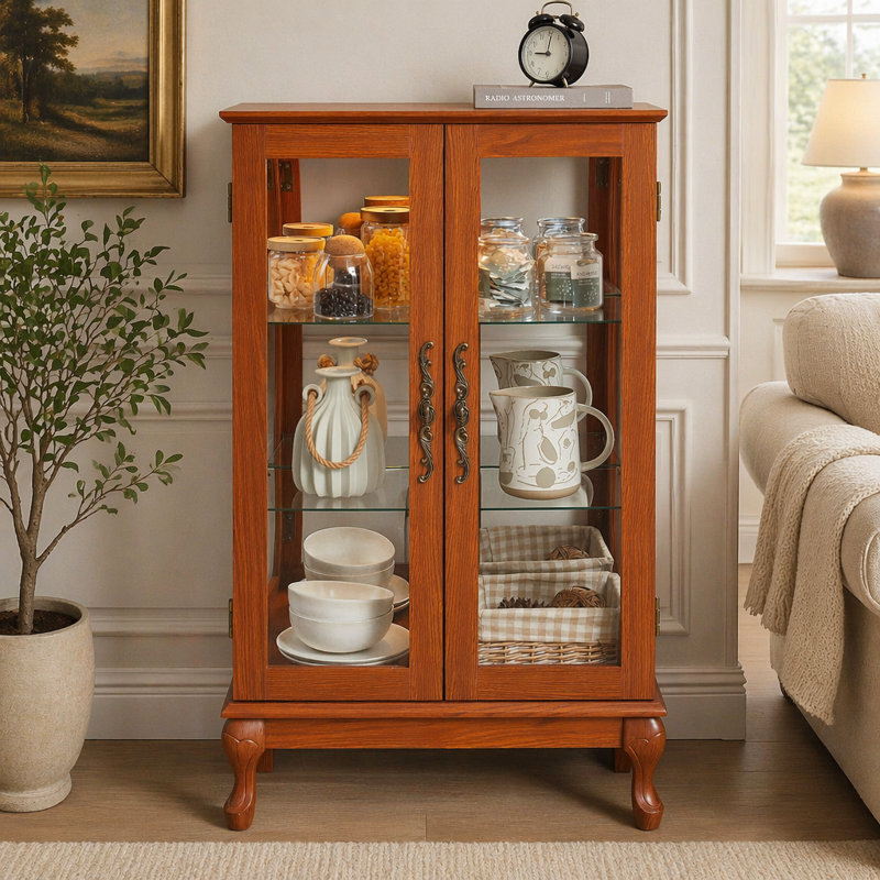 Vitrine 2 portes avec portes en verre trempé, armoires de terrasse avec panneau arrière en miroir et tablettes réglables, vitrine éclairée pour la maison, ampoule de bureau incluse