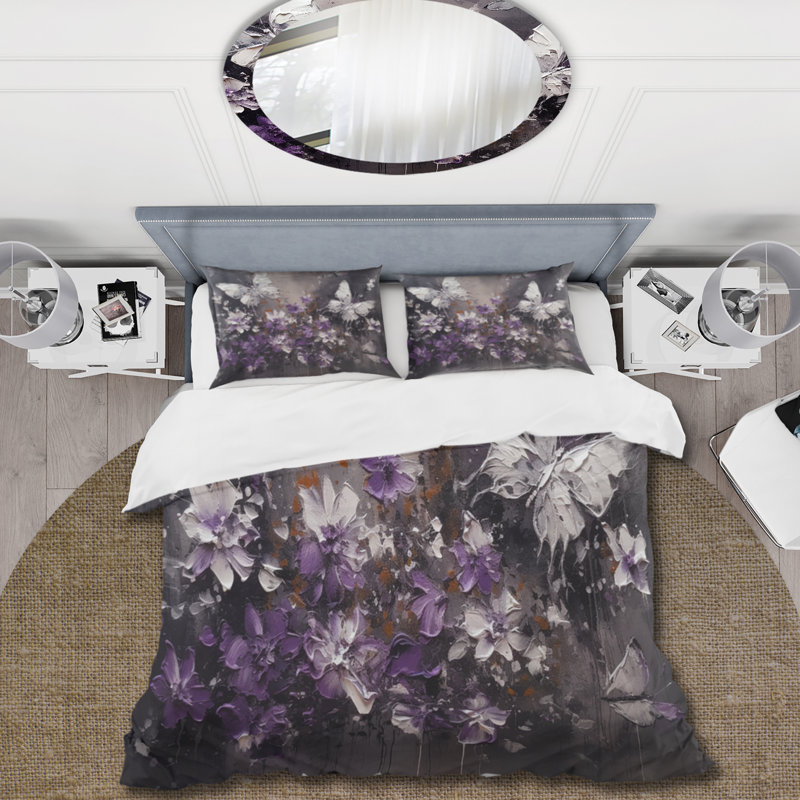 Ensemble de housse de couette en microfibre / polyester mauve et blanc, Housse de couette simple + 1 taie décorative stan