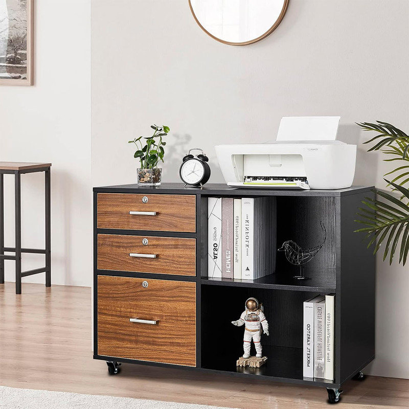 3 Drawer File Cabinet with Lock, Wood Rectangular File Cabinets for Home Office, Rolling File Cabinet with Open Shelves, Letter Filing Cabinet, Black & Brown