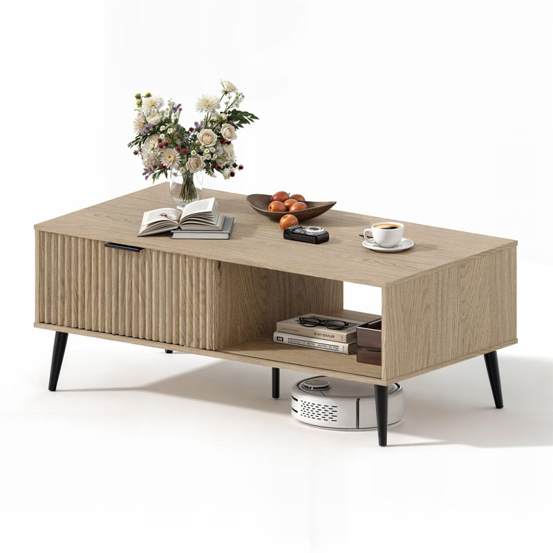 Table basse avec rangement, table basse rectangulaire en bois avec porte coulissante et pieds en bois massif, Bois naturel