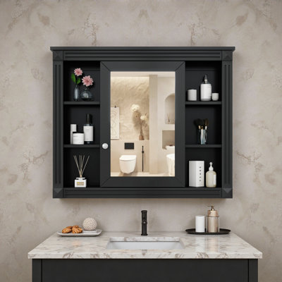 35'' X 28'' Wall Mounted Bathroom Storage Cabinet, Medicine Cabinet, Modern Bathroom Wall Cabinet With Mirror, Mirror Cabinet With 6 Open Shelves (Not Include Bathroom Vanity )