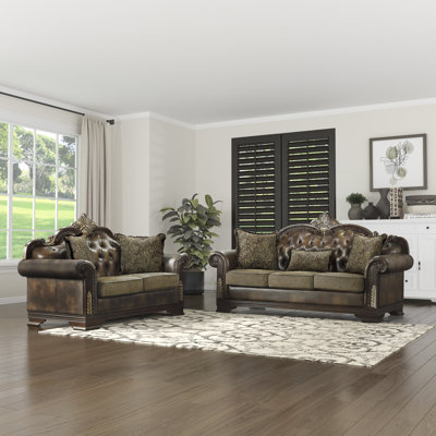 Vega Traditional Faux Leather & Microfiber 2-Piece Living Room Set with Classic Button Tufting, Nailhead Trim & Reversible Cushions
