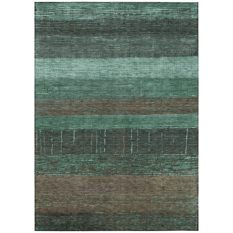 Teal and Brown Striped Synthetic 10' x 14' Flat Woven Rug