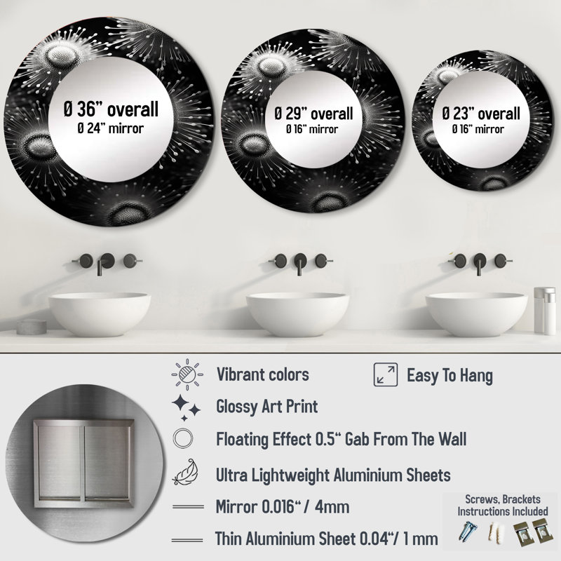 Black And White Sea Urchin Symphony - Coastal Coral Under Water Round Mirror Wall Decor_MTMIR109100, 23" x 23"