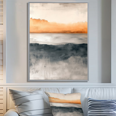 Art mural orange côtier, toile Sunset Beach, horizon doux orange et noir côtier