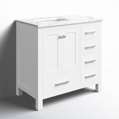 Meuble-lavabo autoportant 36 po Anvay en blanc mat avec plateau en marbre de Carrare