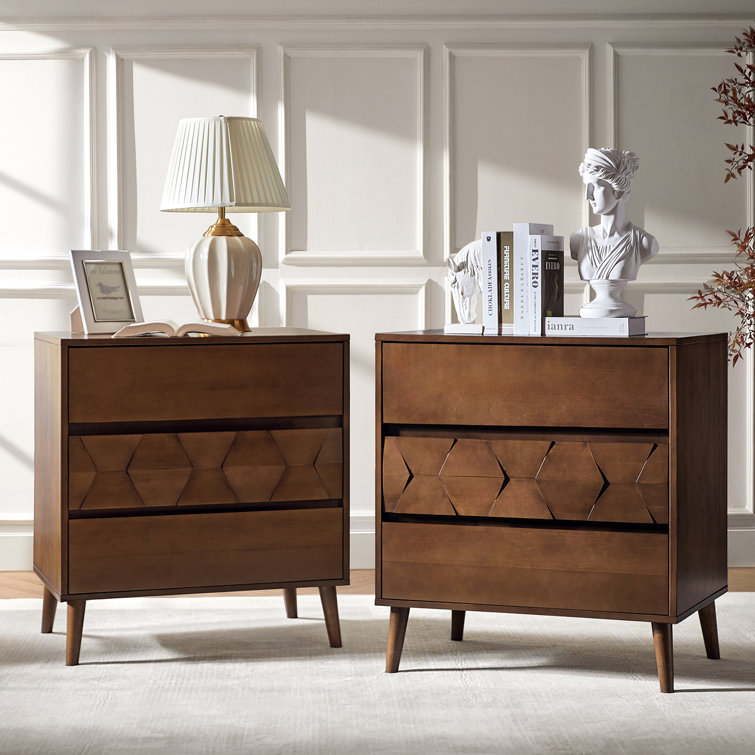 Haney 32.75'' H Mid-Century Modern 3 - Drawer Dresser with Built-in Charging and Solid Wood(Set of 2)