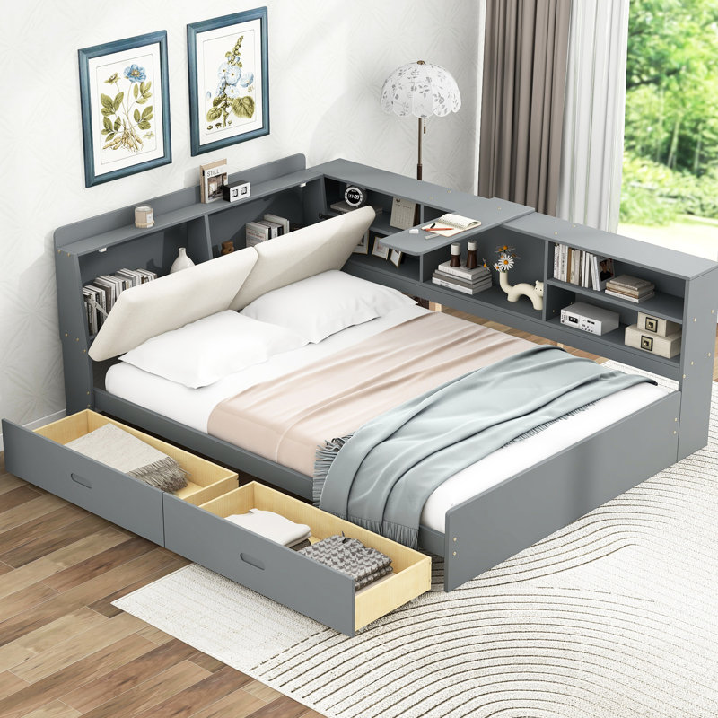 Structure de lit double en bois gris avec tête de lit avec rangement, 2 tiroirs et assemblage rapide, Gris