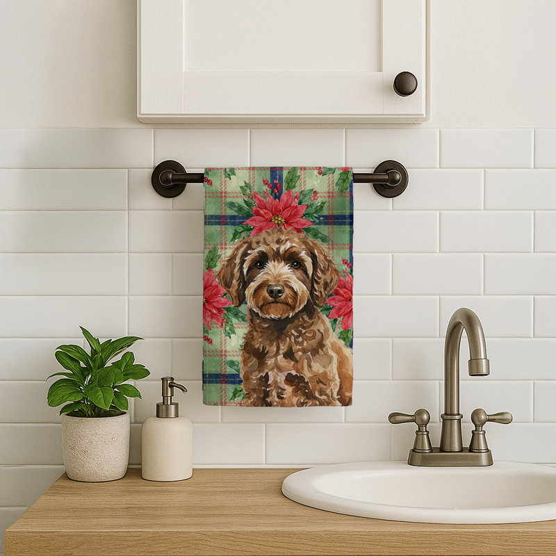 Spanish Water Dog Christmas PoinsettIas Kitchen Towel, Brown Spanish Water Dog