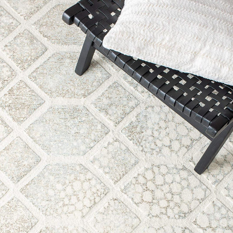 Restoration Vintage Hand Tufted Viscose/Wool Geometric Rug in Ivory, Rectangle 8' x 10'