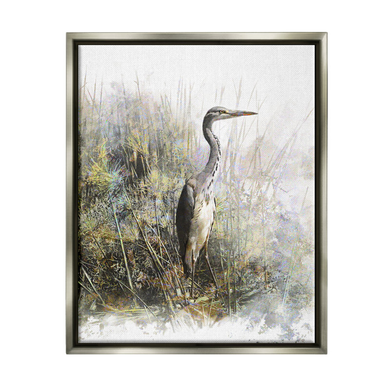 «Heron Bird Water's Edge Pond Floater» par Pip Wilson, H 21 po x l 17 po x P 1,7 po, Cadre flottant gris lustré