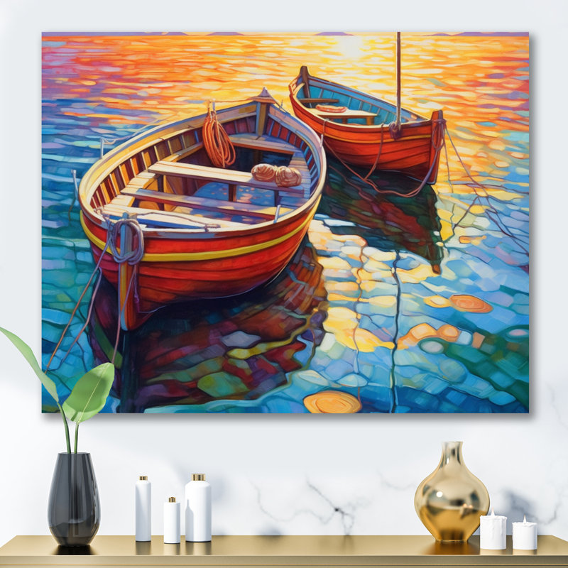 Deux bateaux dans le port I - art mural port côtier, H 24 po x l 32 po x P 1 po, Toile tendue