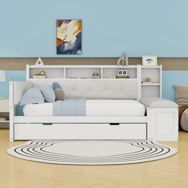 2 Drawers Full Daybed with Twin Trundle, Shelves, Side Bench and Charging Station, White