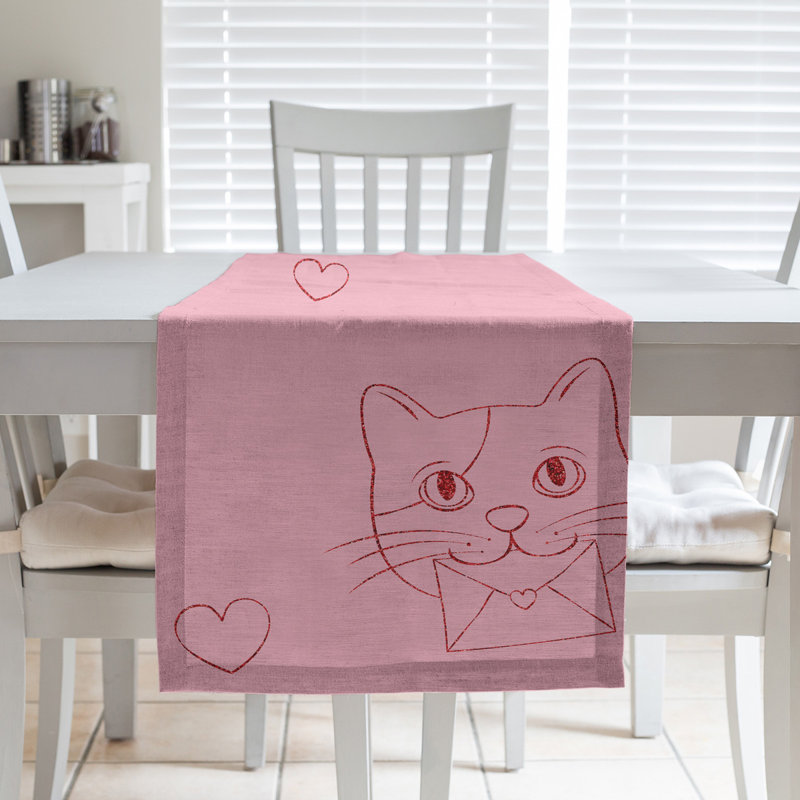 Chemin de table chats saint-valentin hol, L 72 po x l 16 po, Rose / Rouge, Mélange de coton