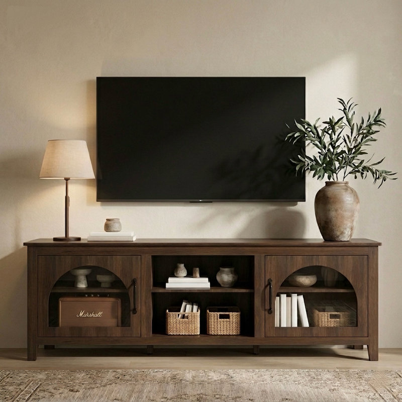 Alba 70" Farmhouse TV Stand With Storage & Arched Glass Door,Media Console Cabinet for Living Room,Bedroom, Dark Walnut