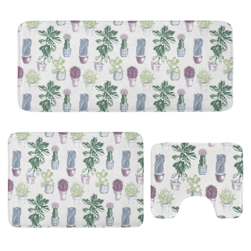  Cactus Bathroom Rug Set 3 Pieces U-Shape & Rectangle Mats Multicolor