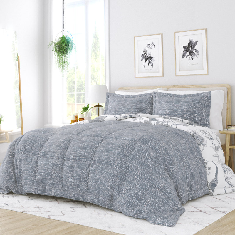 Light Blue Floral Down Alternative Reversible Comforter Set, Full