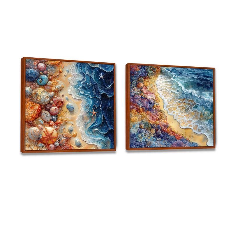 Bleu et orange, coquillages, vue aérienne I - art mural coquillages - ensemble d'art mural traditionnel 2 pièces, Brun