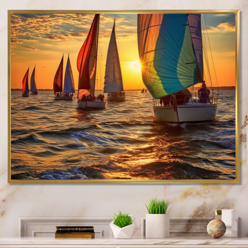 «Boating Bliss II» - art mural nautique, H 34 po x l 44 po x P 1,5 po, Cadre flottant doré