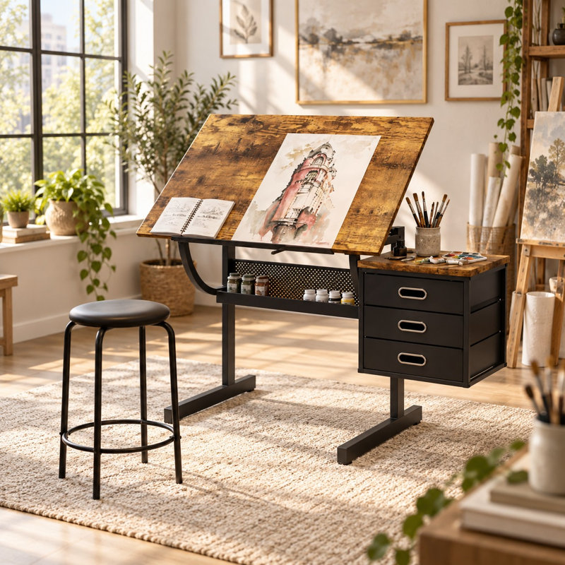 Table à dessin noire ajustable avec tabouret et tiroirs de rangement
