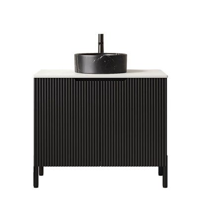 TURIO 30" Bathroom Vanity With Sink, Freestanding Bathroom Storage Cabinet With 2 Doors, Black Round Ceramic Basin With Stone Pattern & Carrara White Sintered Stone Countertop, No Faucet, Black Color