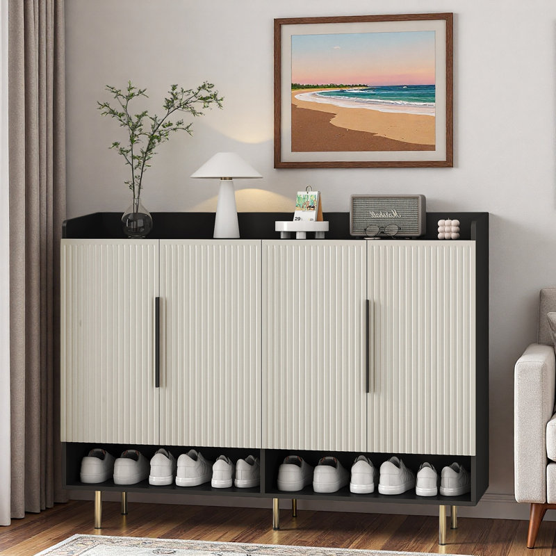Modern Shoe Cabinet With 4 Doors, Adjustable Shelves And Legs