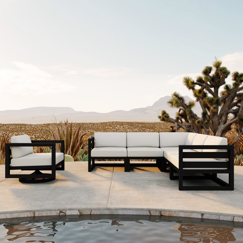 Avion 6 Piece Sectional Set With Swivel, Black, Canvas Natural Sunbrella® Canvas