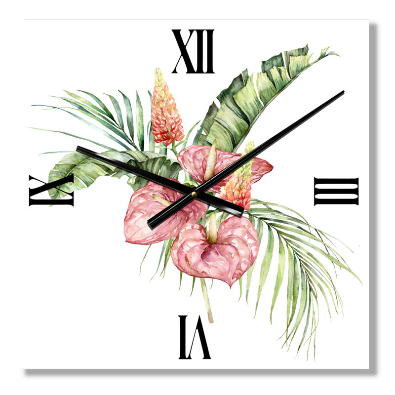 Horloge murale Bouquet tropical avec anthurium lupin et feuilles II, Très grand