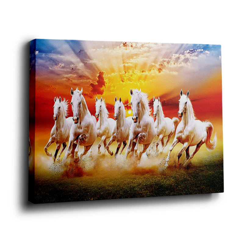 Sunburst White Horse Herd, art mural tendu sur un cadre audacieux, 16 * 12 pouces (40 * 30 * 2cm)