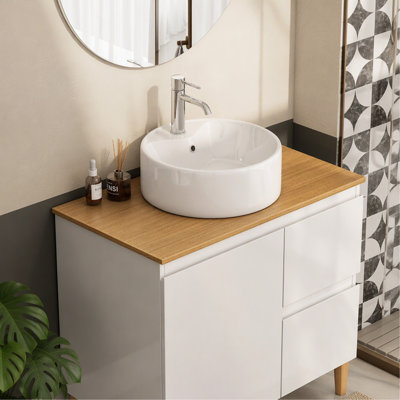 Lavabo vasque de salle de bain rond 15,7 "x 5,7", lavabo rond de comptoir de salle de bain blanc, lavabo en céramique, blanc brillant