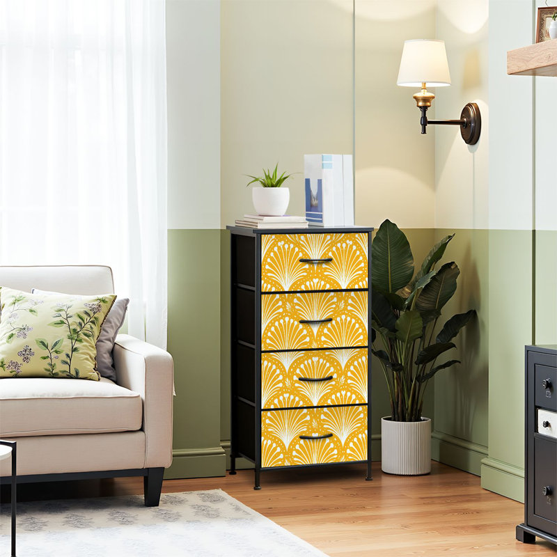 Commode pour commode de chambre à coucher en forme de feuille de palmier stylisée de couleur jaune doré Commodes et commodes de rangement en tissu avec bacs de rangement à 4 tiroirs