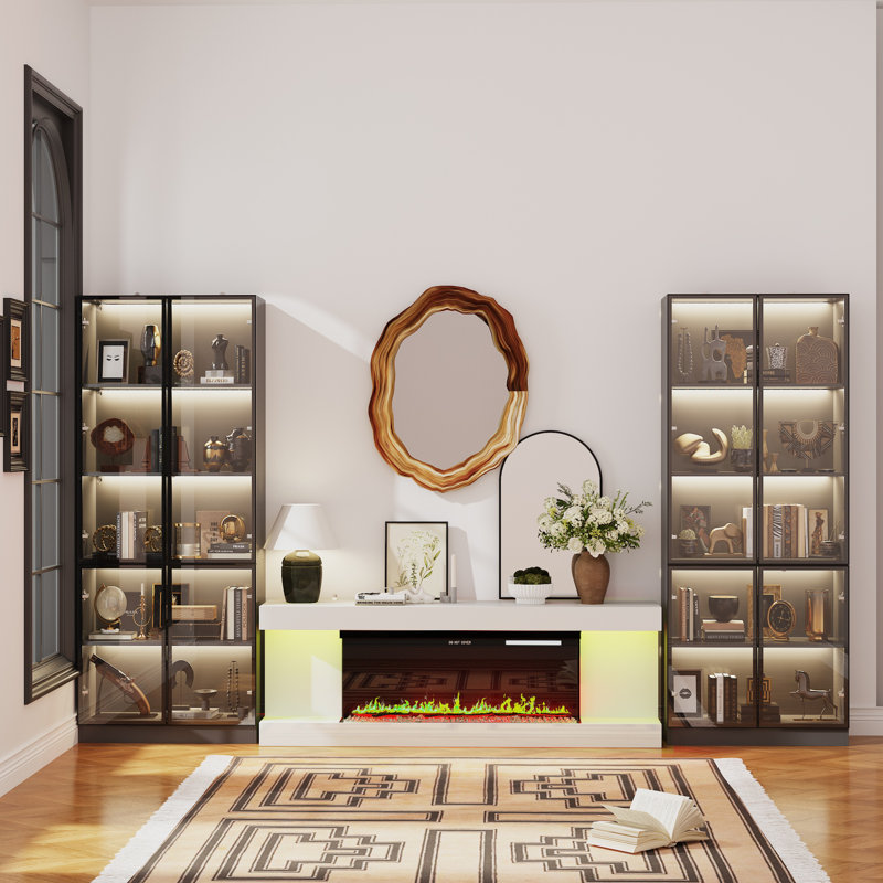 130”W TV Stand Entertainment Center With Fireplace, Black