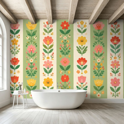 Peel and Stick Wallpaper Wall Mural Floral Scandinavian Folk Art Seamless Stylized Red Yellow Pink Flowers Wall Art Self Adhesive and Removable