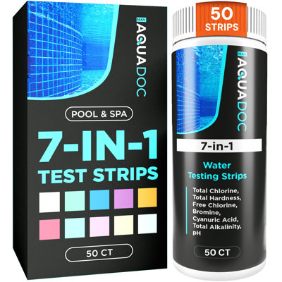 Bandelettes de test pour spa et bain à remous AquaDoc 7-en-1 - 50 bandelettes de test de piscine pour le pH, le chlore, la dureté, le brome, l'acide cyanurique, l'alcalinité