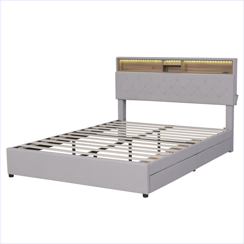 Lit plateforme tapissier avec tête de lit à rangement, DEL, chargement USB et 2 tiroirs, Beige