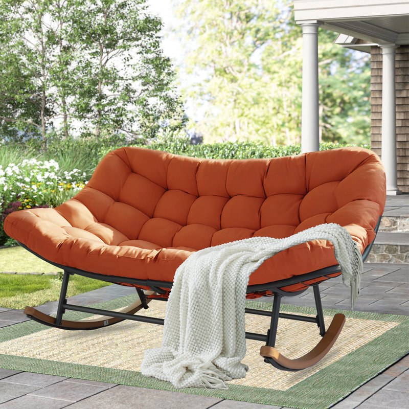 Patio Rocking Chair Outdoor, Oversized Papasan Rocking Chair For 2 With E-Coated Steel Frame And Thick Cushion, Red
