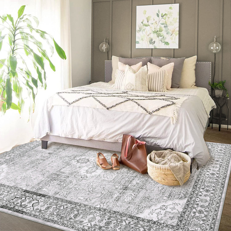 Tapis décoratif lavable à motif géométrique de bordure, Rectangle 8 pi x 10 pi
